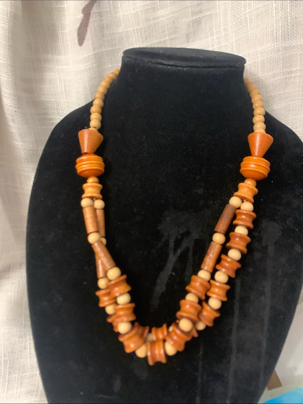 Vintage 60s Wooden Bead Necklace in Brown and Cream